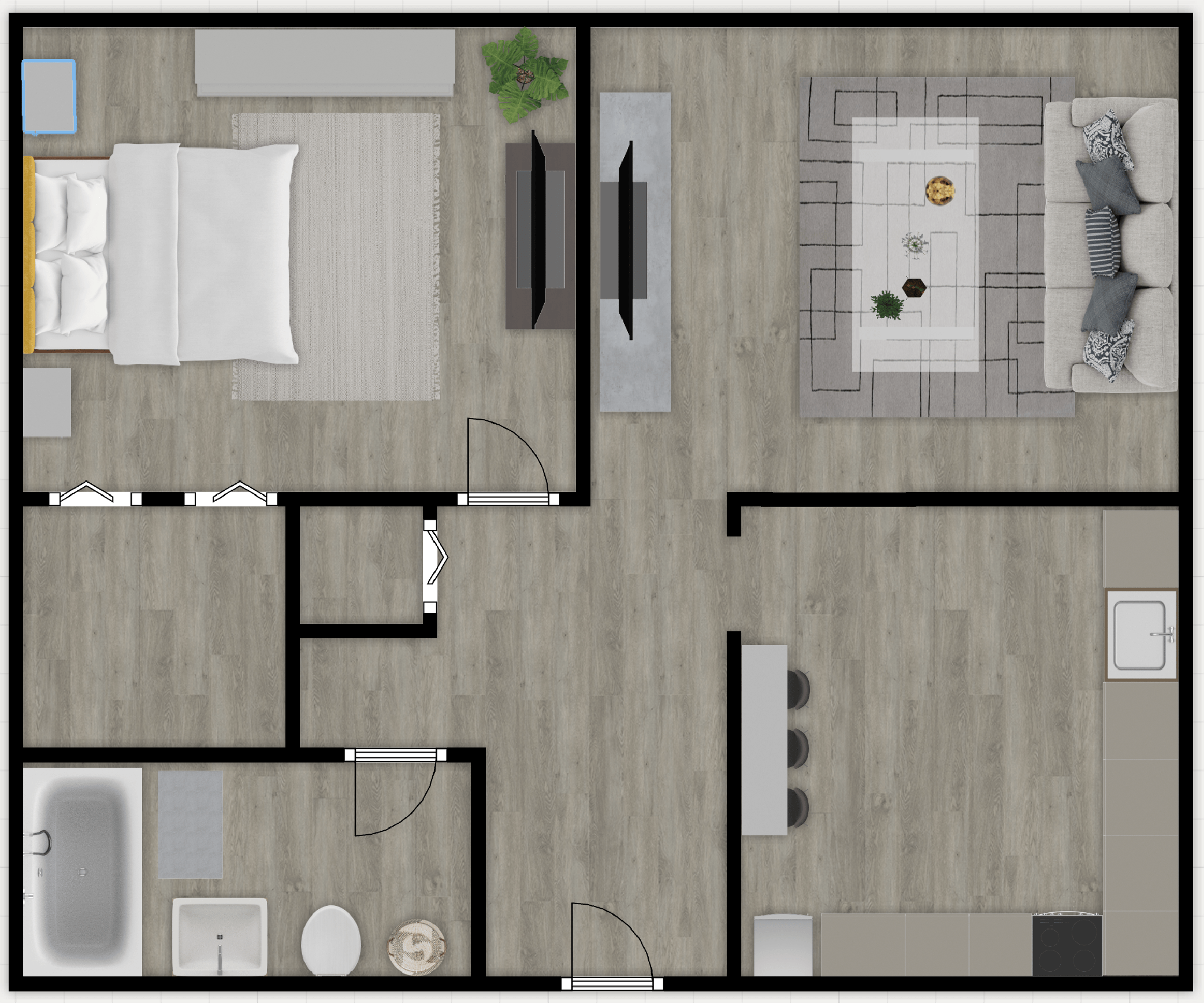 Floor plan for 1 bed, 1 bath, 675 sqft